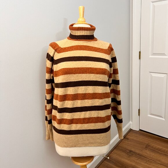 Vintage Thane 70s Brown Stripe Turtleneck Sweater 100% Lambswool Sz L - Picture 2 of 10